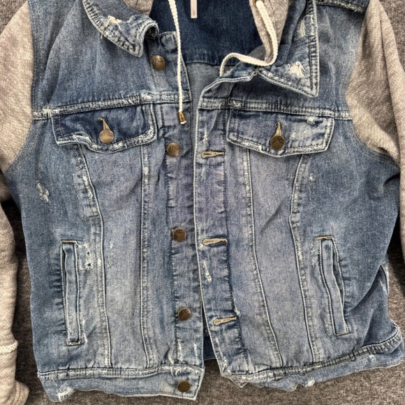 Free People Hooded Denim Jacket Blue Distressed Mixed Media Knit Sleeves Large - Picture 4 of 10